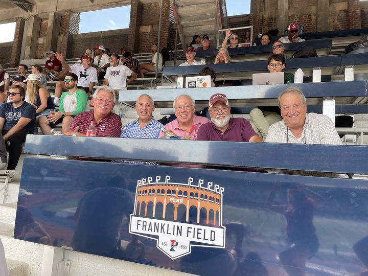 Bill Barnaskas '73, Mike Albarelli '75, Don Kraics '75, Faust Miraglia'73, and Bruce Lederman '75, Colgate v. Penn football, Sep. 2022