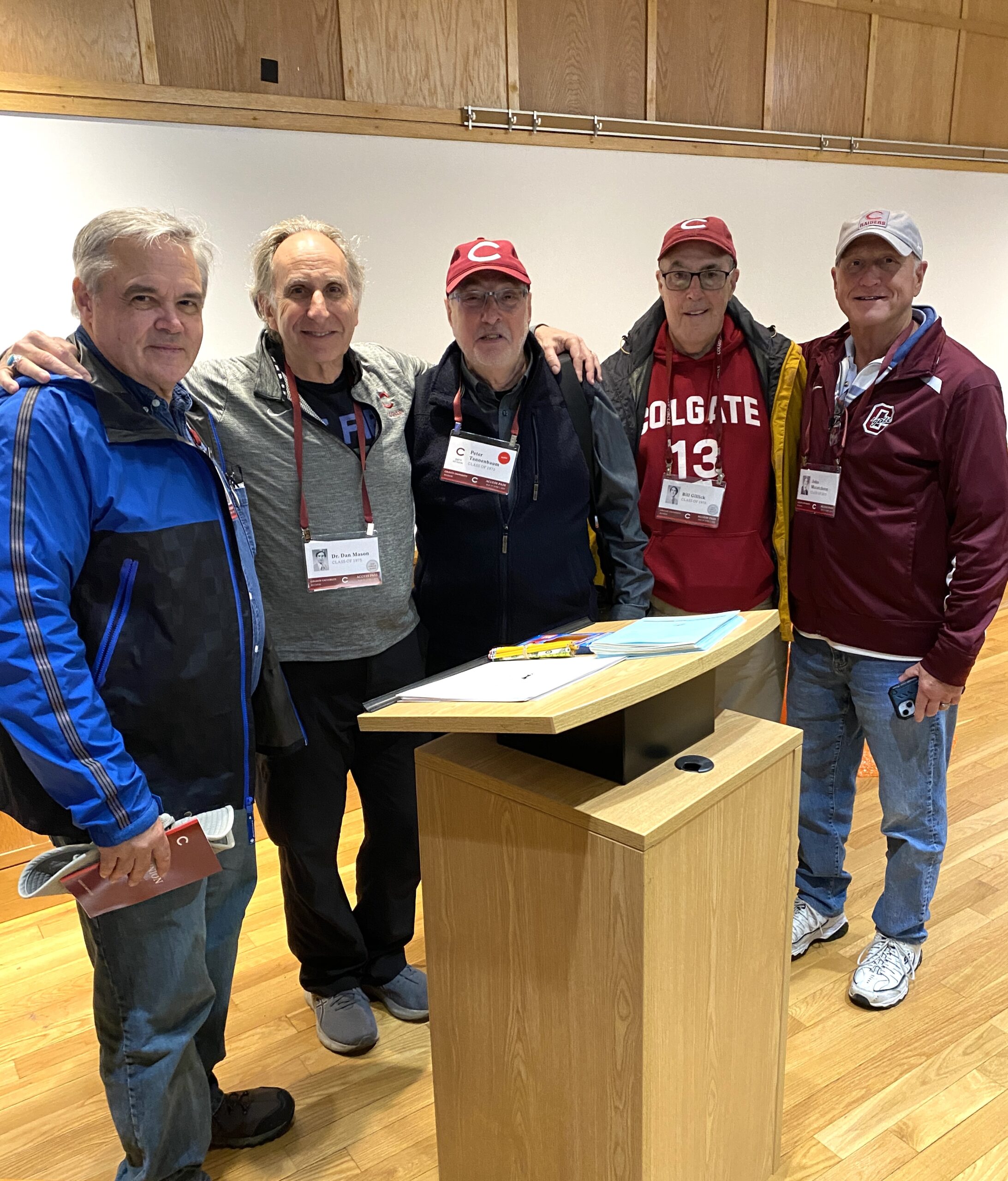Reunion 2025 Scott Dittman, Dan Mason, Peter Tannenbaum, Bill Gillick & John McCutcheon after Dan’s “Ode to Joy” from Bergeron